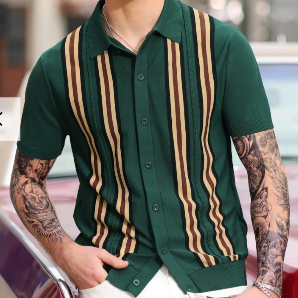 PJ Paul Jones Green Striped Button Down Knit Polo Shirt Size Large Retro